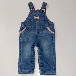 OshKosh Baby Girl Blue Jean Denim Pants Overalls Floral Ruffles Size 9 Months